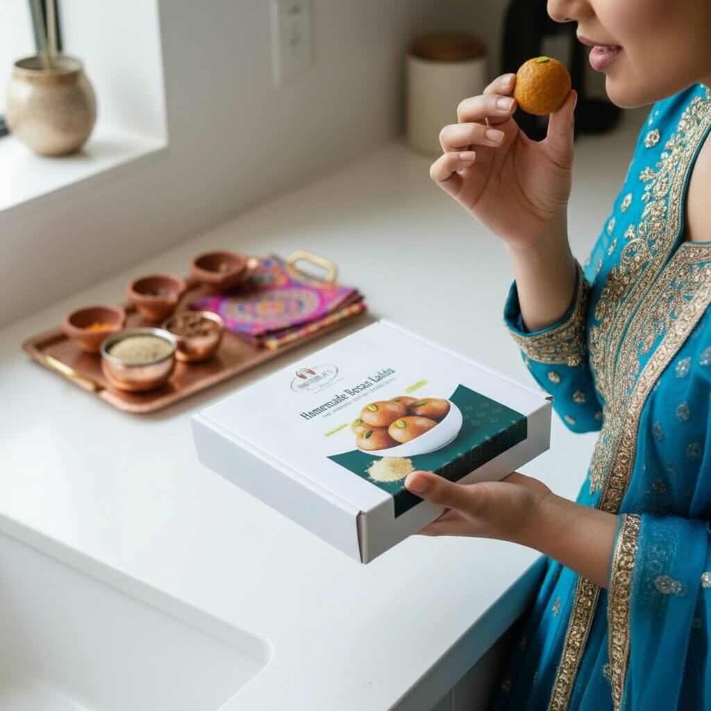 Person holding a box of 'Besan laddu' with a piece in hand, standing in a kitchen.