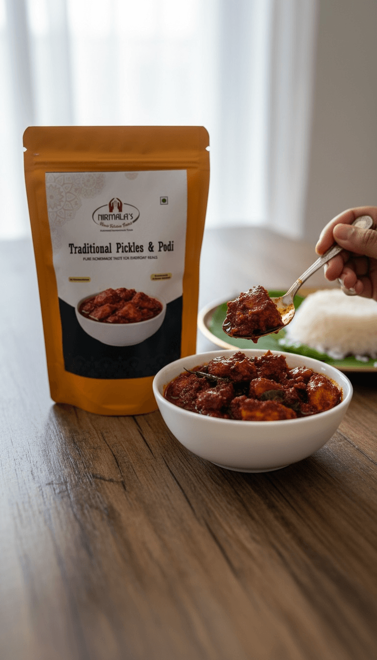 Bowl of traditional pickle with a package labeled 'Nirmala's Home Kitchen' on a wooden table.