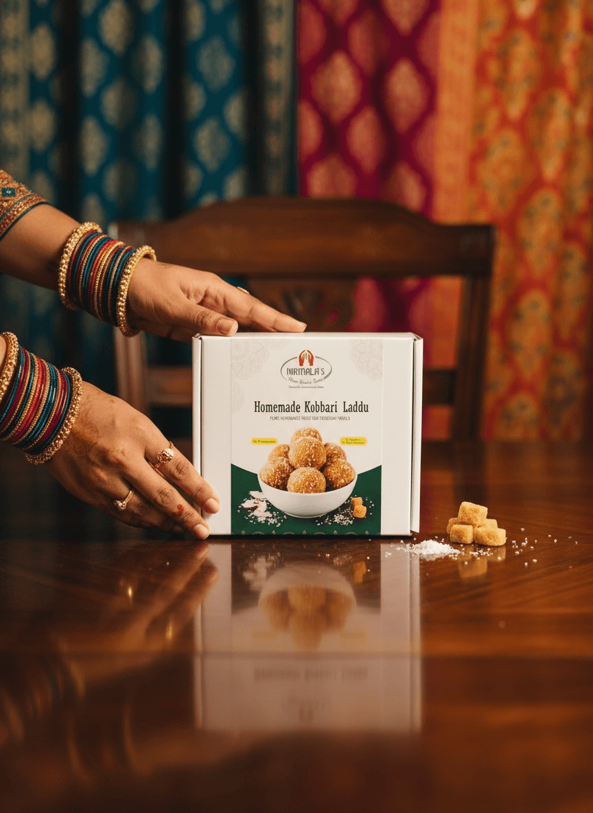Box of Homemade Kobbari Laddu with a person pointing at it on a reflective surface.