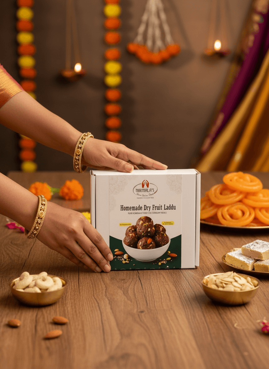 Person opening a box of homemade dry fruit ladoo with festive decorations in the background