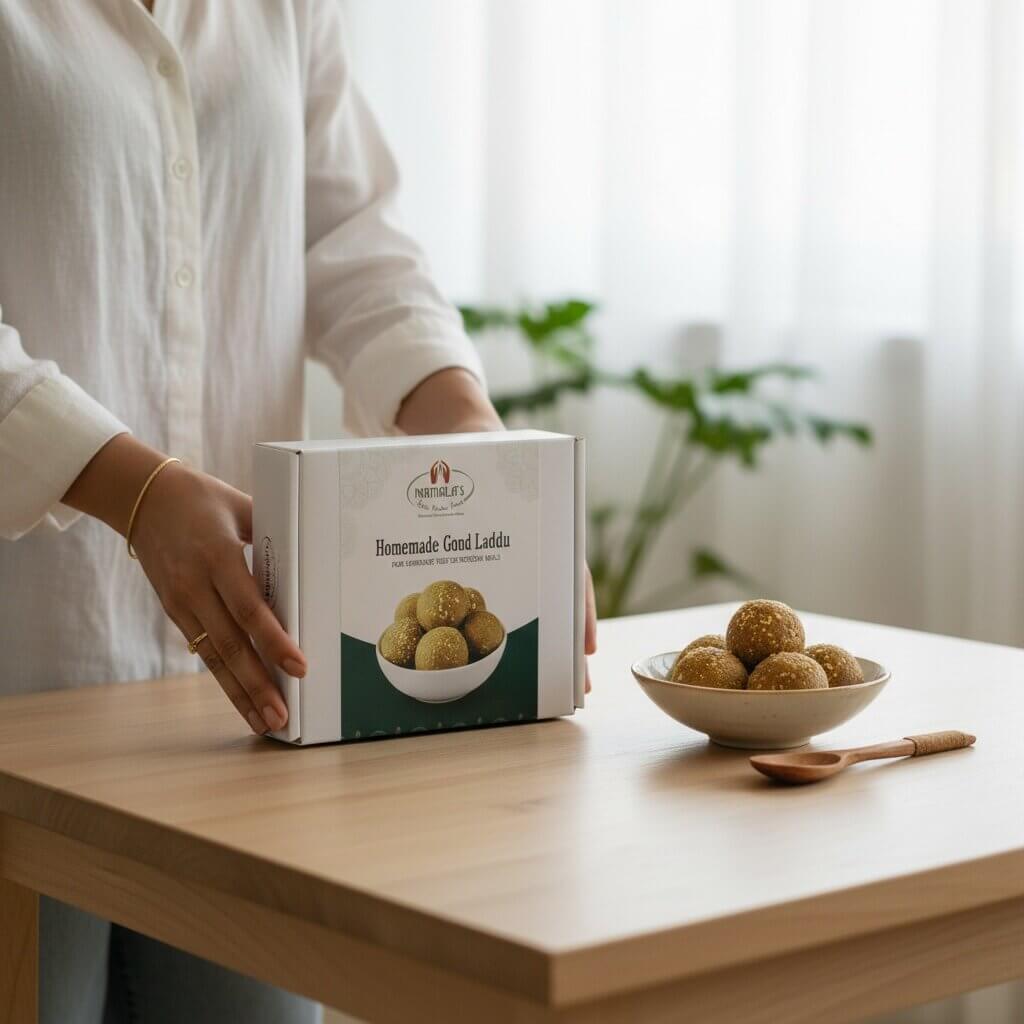 Person holding a box of 'Homemade Gond Laddu' on a wooden table with a bowl of laddus and a spoon.