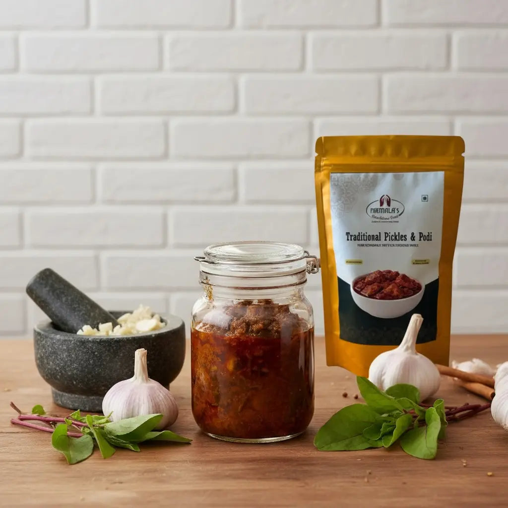 Jar of gongura chicken pickle with a packet labeled 'Traditional Pickles & Preserves' on a wooden surface.