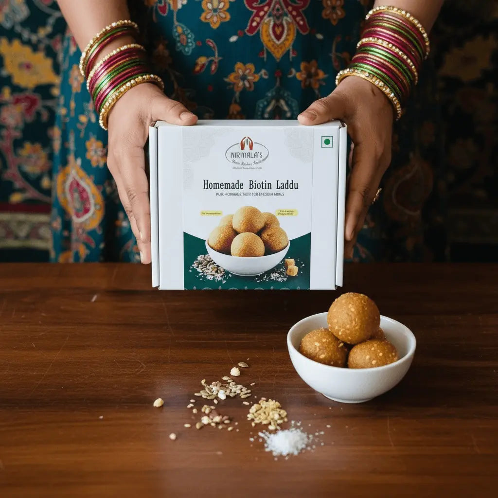 Box of Homemade Biotin Laddu with a bowl of laddus on a wooden table.