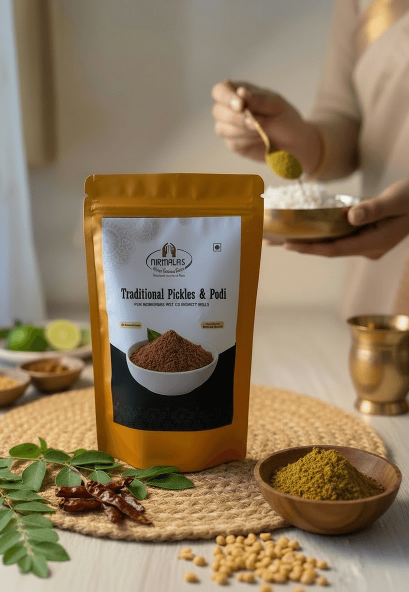 Packaging of munagaku karam podi with a person holding a bowl in the background