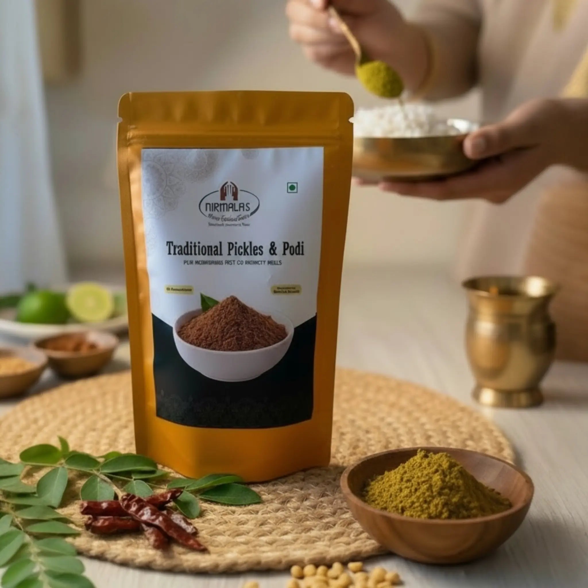 Packaged traditional pickles with a bowl of munagaku karam podi on a table with ingredients.