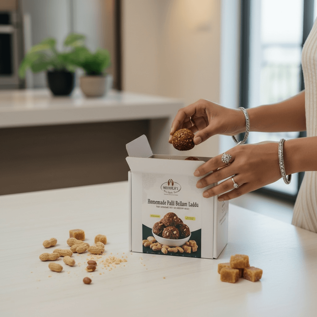 Person opening a box of 'Homemade Palli Bellam Laddu' with laddus on a table.
