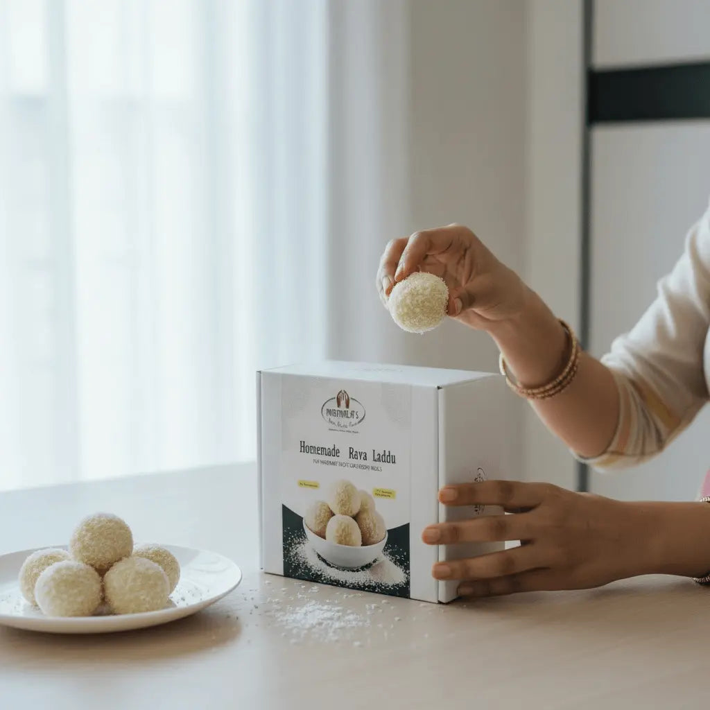Person holding a white ravva laddu next to a box of 'Nirmala's Home Kitchen' brand laddus on a light surface.