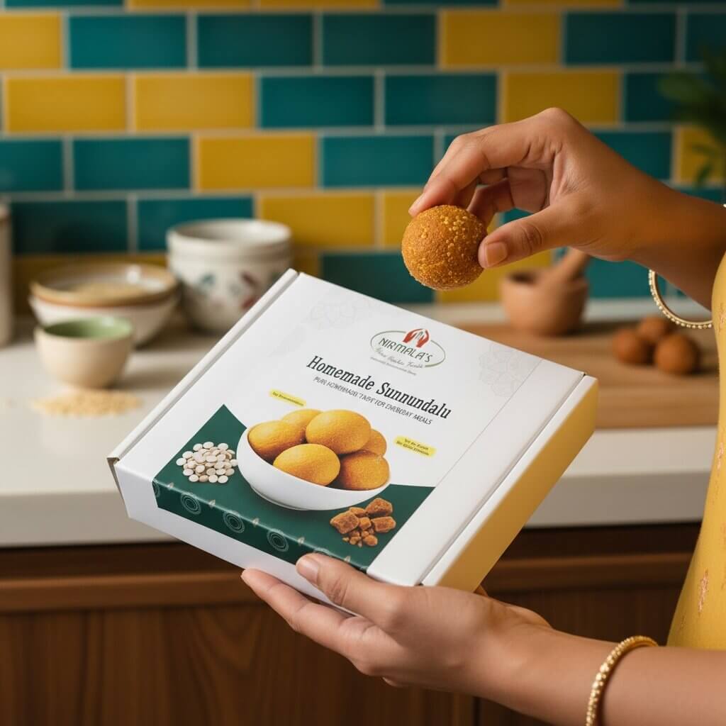 Person holding a box of 'Homemade Sunnudalu' with a hand holding a sunnudalu ball above it, set against a kitchen background.
