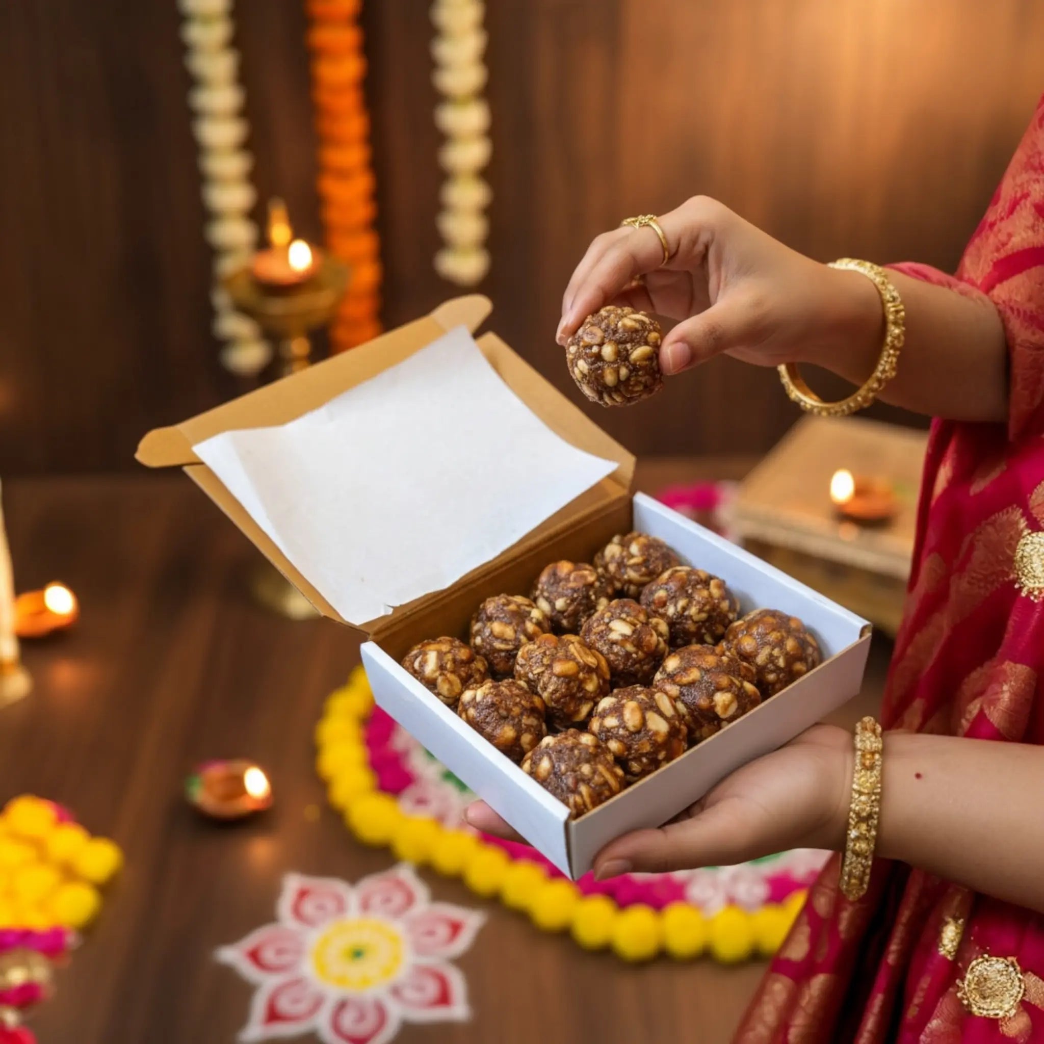 Person holding a box of palli bellam laddu with Diwali decorations in the background