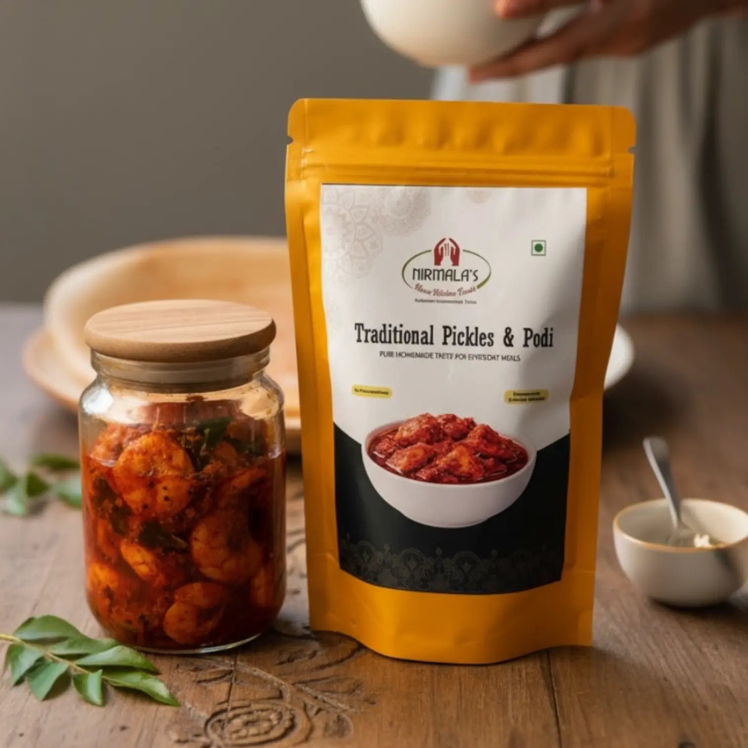 Packaged traditional pickles and podi with a jar of prawns pickle on a wooden surface.