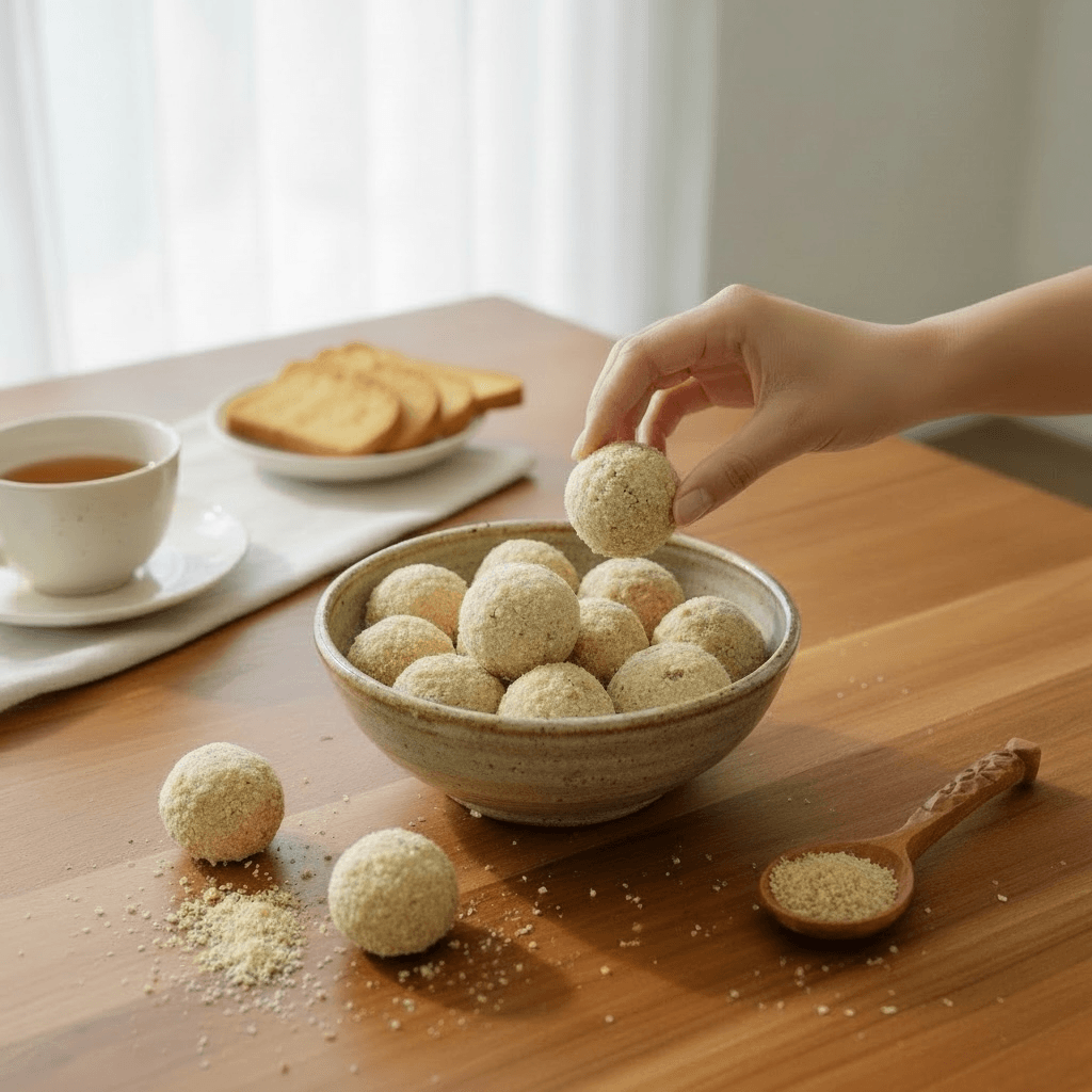 Hand picking a laddu from a bowl on a wooden table with tea and rusk.
