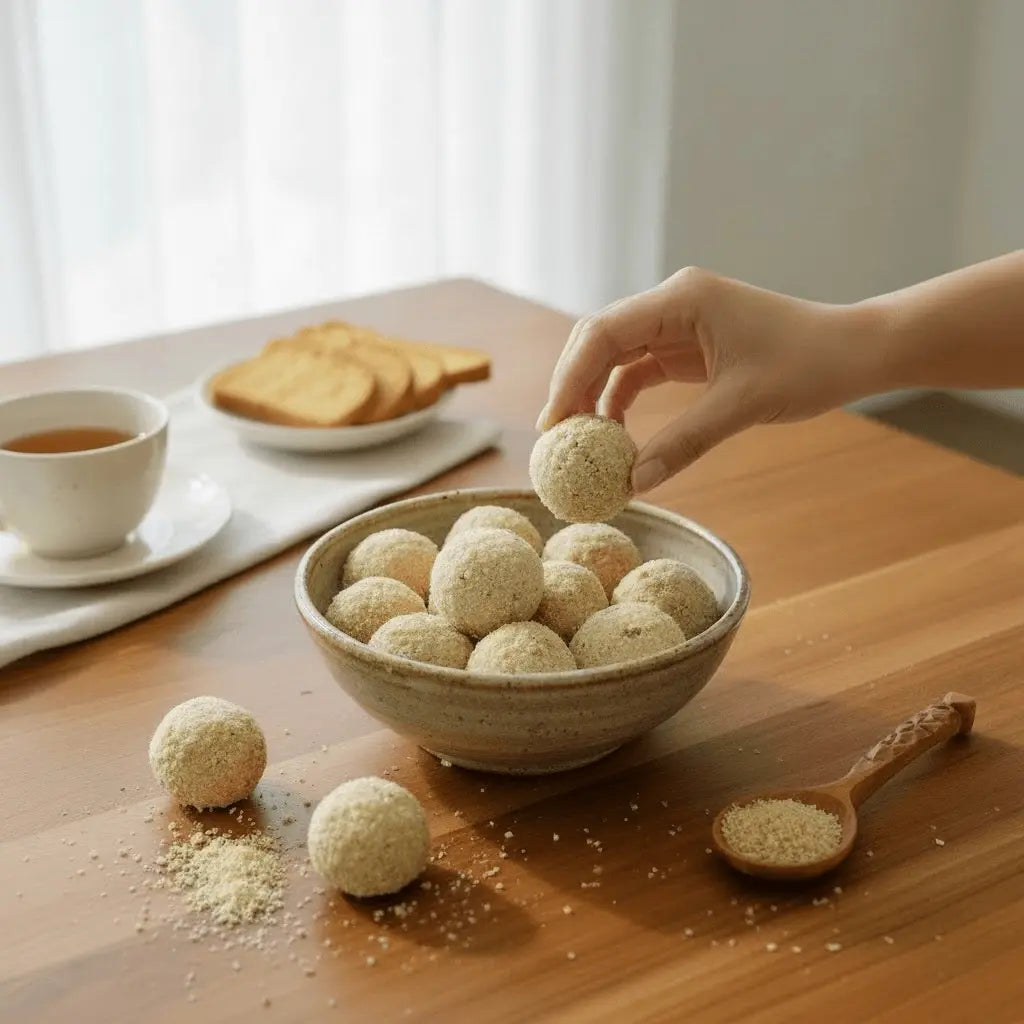 Hand picking a laddu from a bowl on a wooden table with tea and rusks.