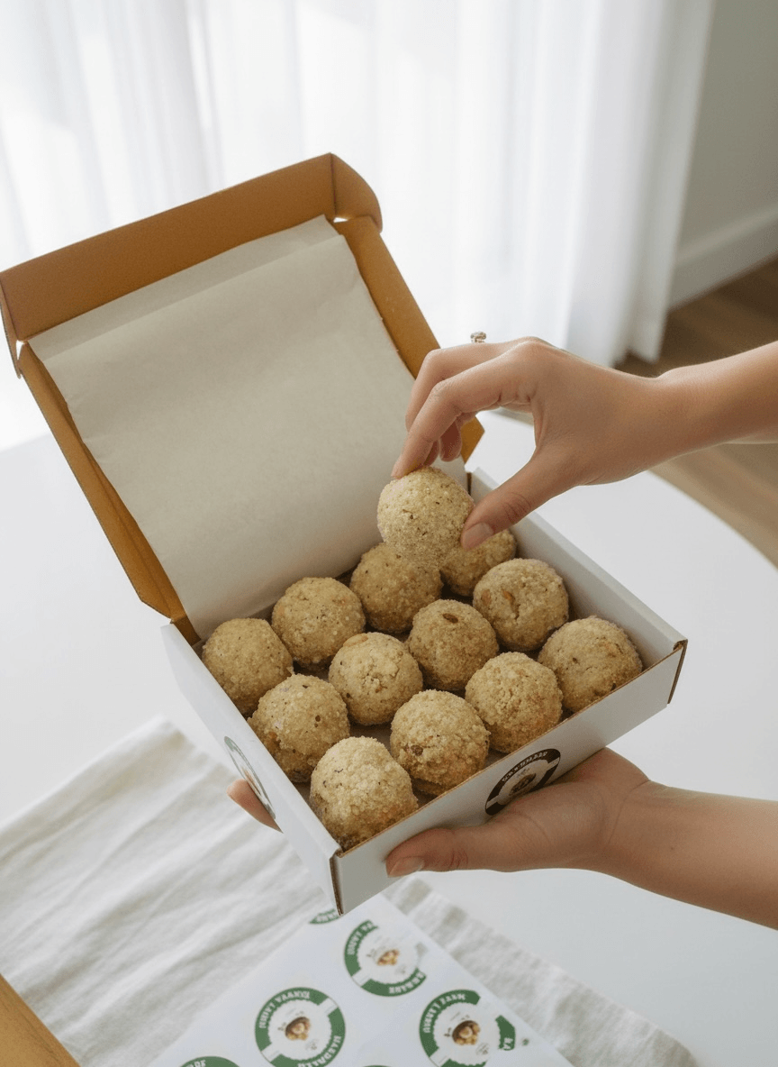 Person holding a box of round, brown ravva laddus against a white curtain background