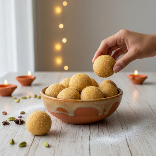 Hand picking a sunnunda from a terracotta bowl on a wooden surface with decorative lights in the background.