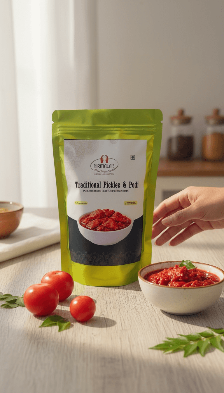 Green packaging of traditional pickles with a hand reaching for a bowl of pickles on a wooden surface.