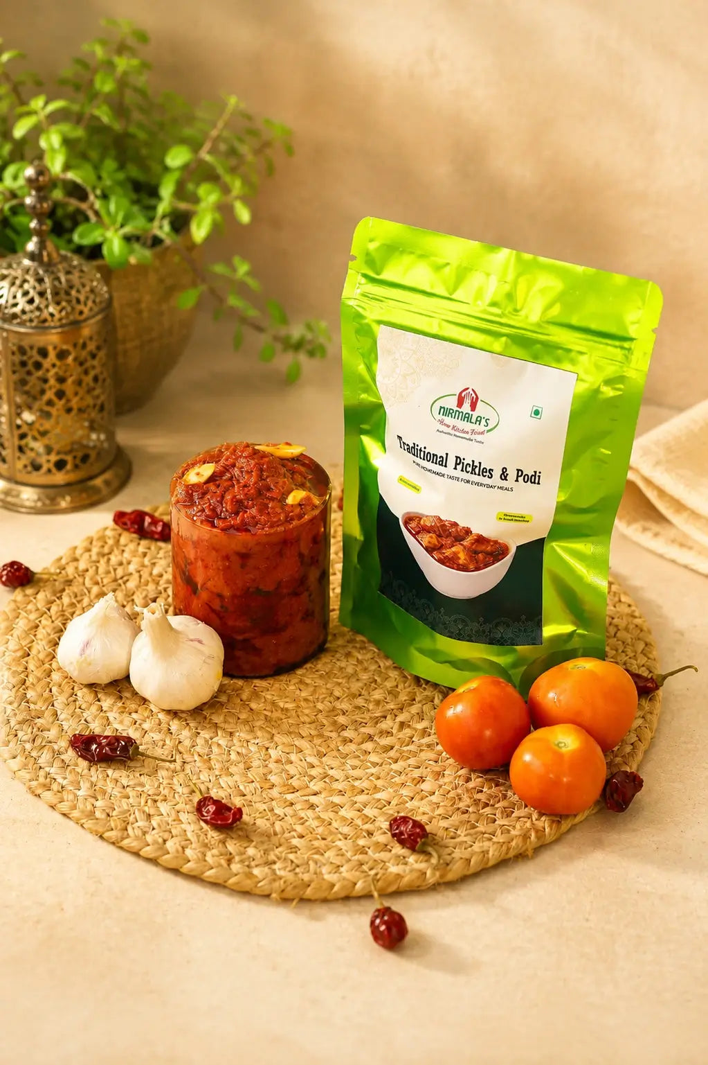 Green packet of traditional pickle and puli on a woven mat with vegetables and a plant in the background