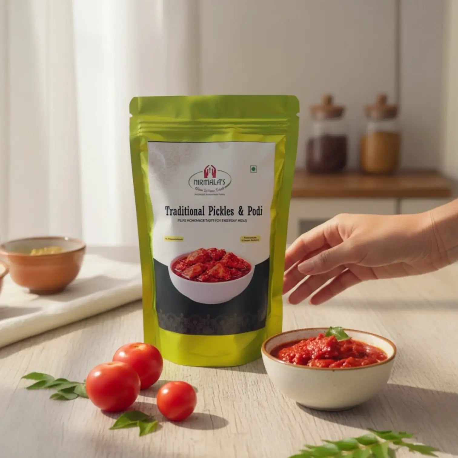 Green packaging of traditional pickles with a bowl of tomato pickle and tomatoes on a table.