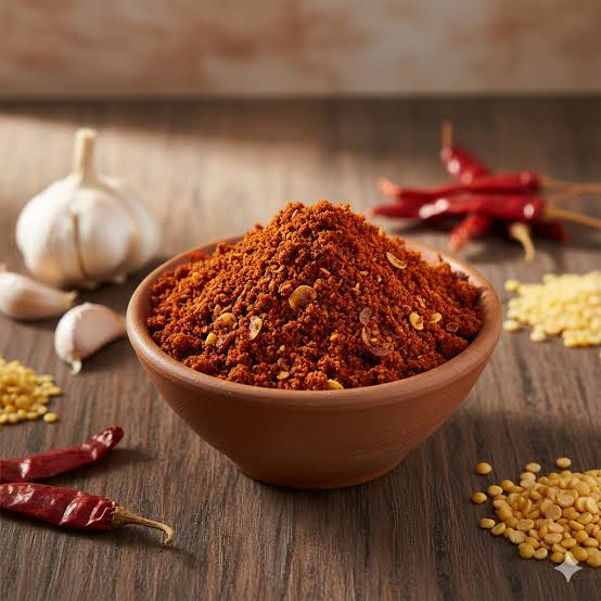 Bowl of vellulli karam podi on a wooden surface with garlic and chili peppers.