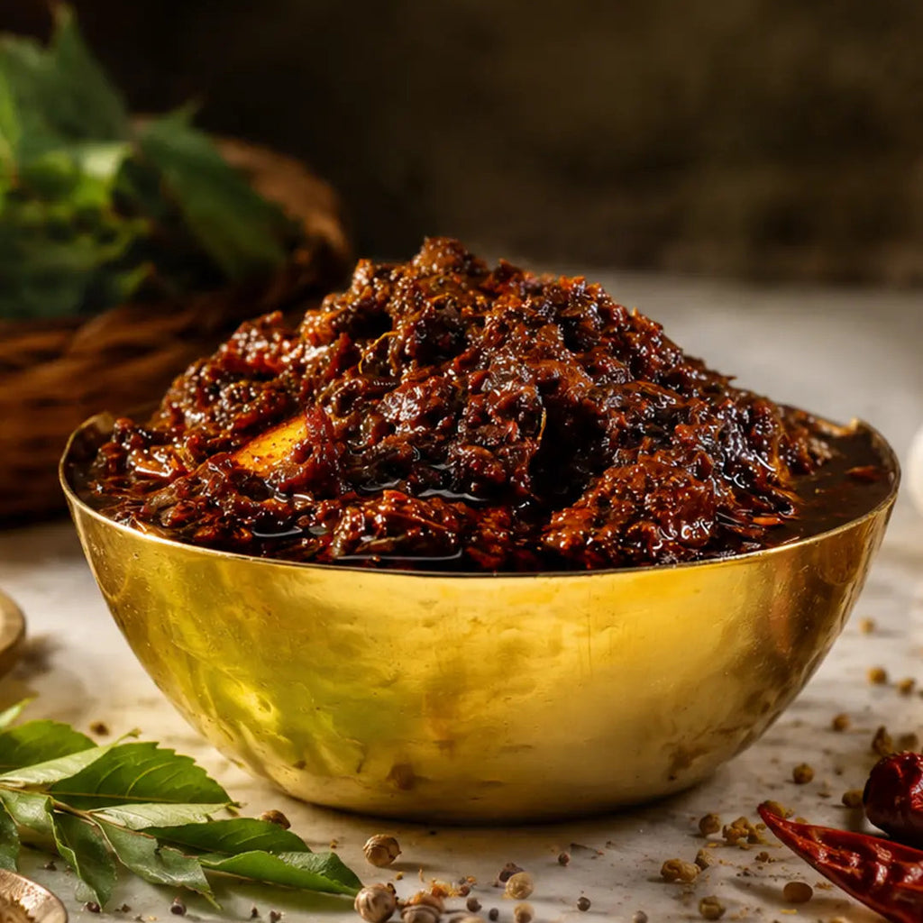 A close-up of a dark, chunky Gongura pickle piled in a shiny gold bowl, surrounded by scattered whole spices, dried red chilies, and green curry leaves on a rustic surface.
