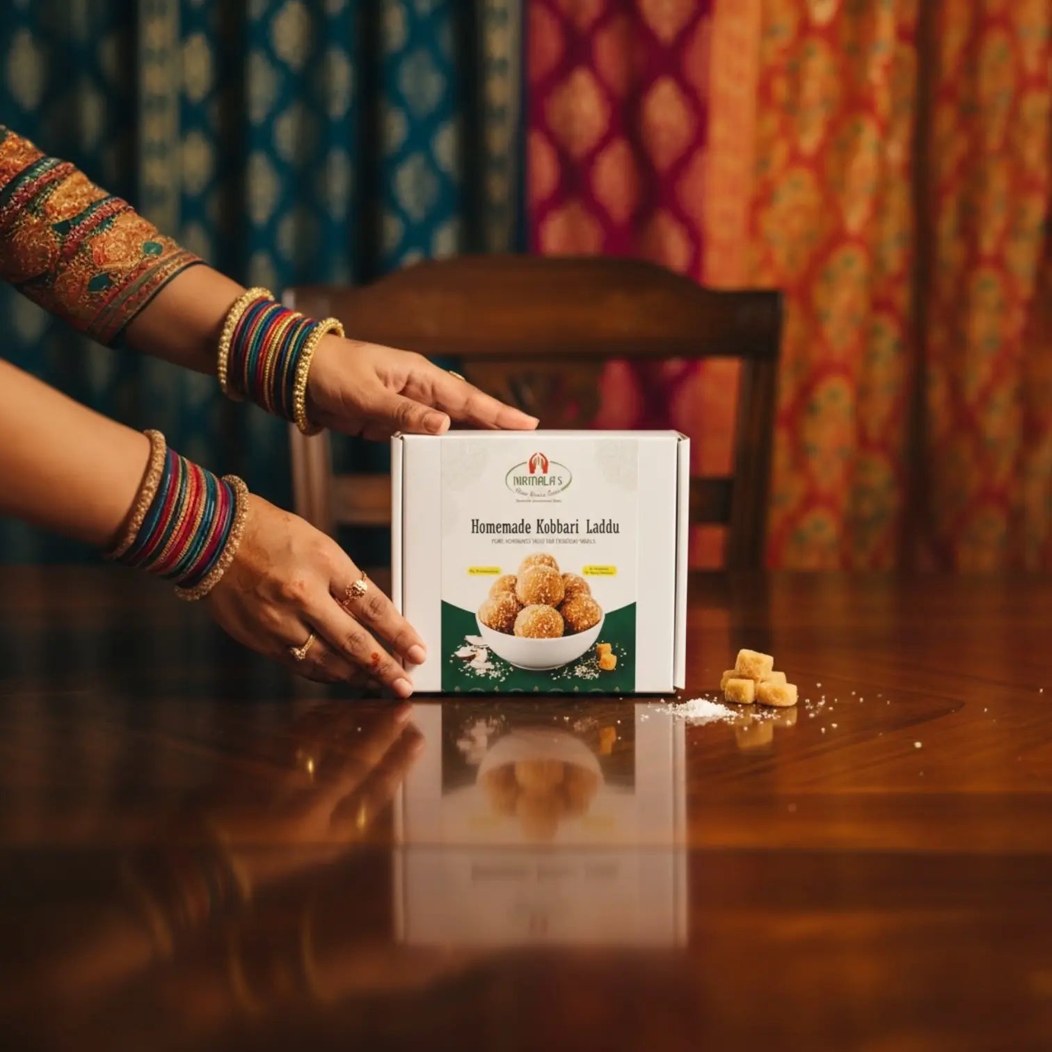Person holding a box of 'Homemade Kobbari Laddu' on a wooden table with colourful curtains in the background.