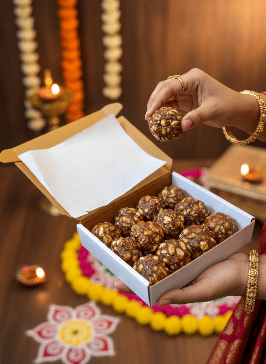 Hand holding a palli bellam laddu above an open box filled with laddus, with Diwali decorations in the background.