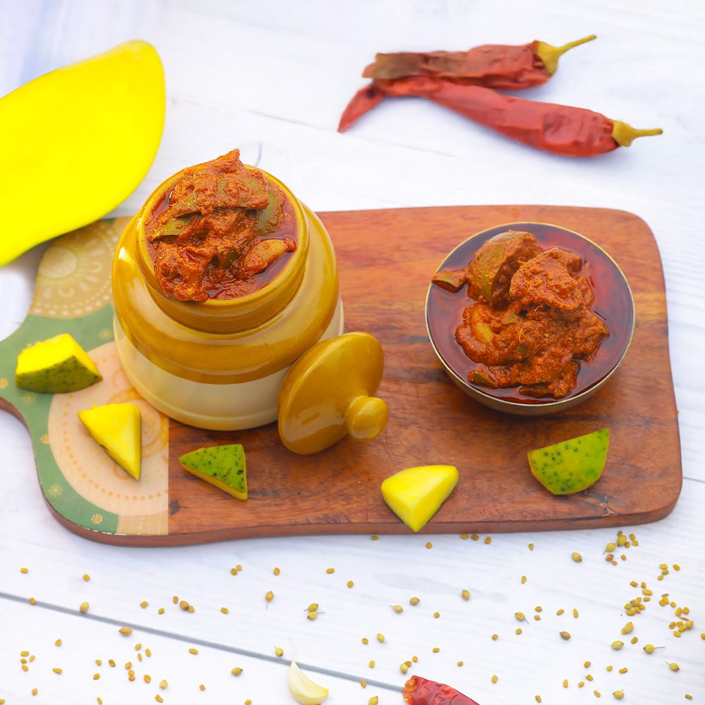 Ceramic jar of authentic South Indian mango pickle preservative-free