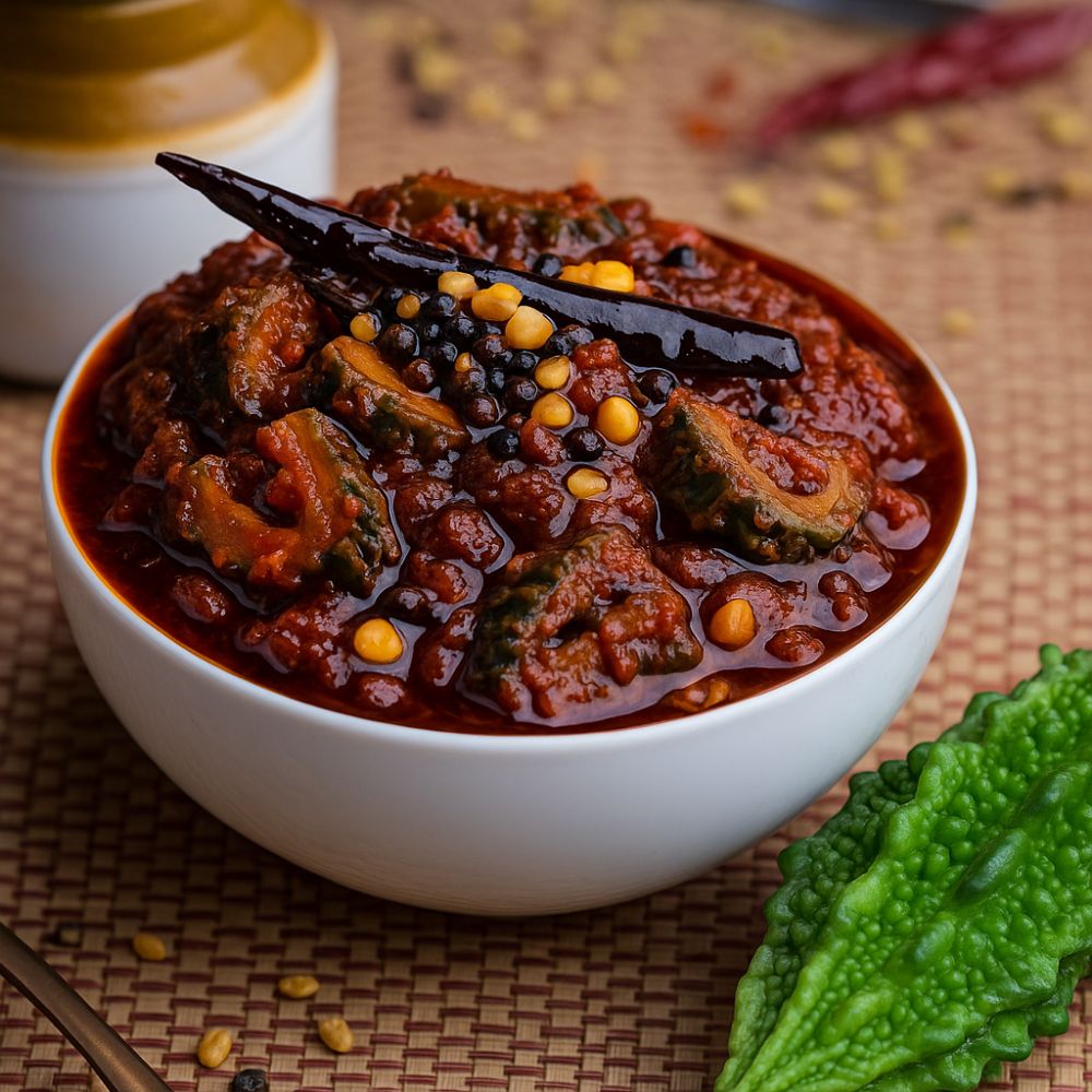 Authentic homemade kakarakaya pickle in a bowl