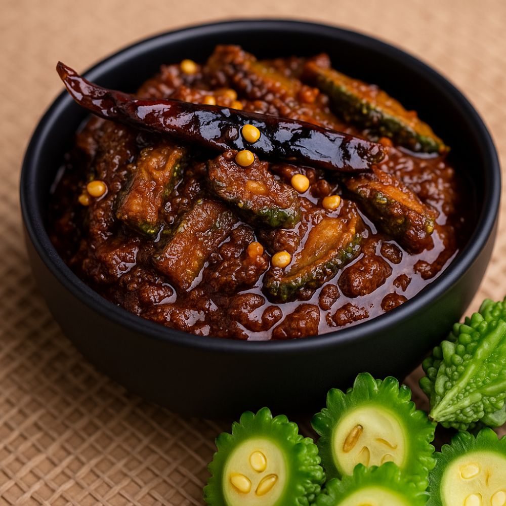 Fresh bitter gourd pickle with roasted spices