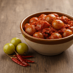 Authentic homemade usirikaya pickle Andhra pickles in a bowl