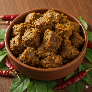 Homemade gongura mutton pickle (non-veg pachadi) freshly prepared in jar