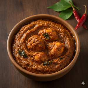 Homemade gongura chicken pickle (non-veg pachadi) freshly prepared in bowl