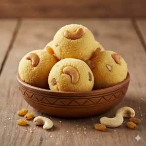 Homemade rava laddu (semolina sweet) freshly roasted aromatic balls