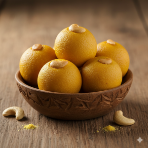 Homemade besan laddu (gram flour sweet) freshly roasted golden balls