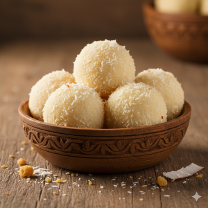 Homemade kobbari laddu (coconut sweet) freshly cooked aromatic balls