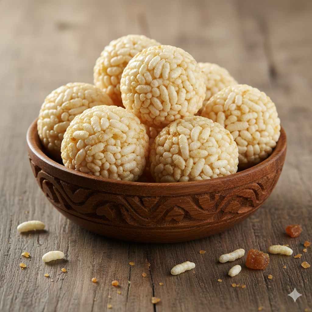 Homemade murmurala laddu (puffed rice sweet) freshly made crispy balls