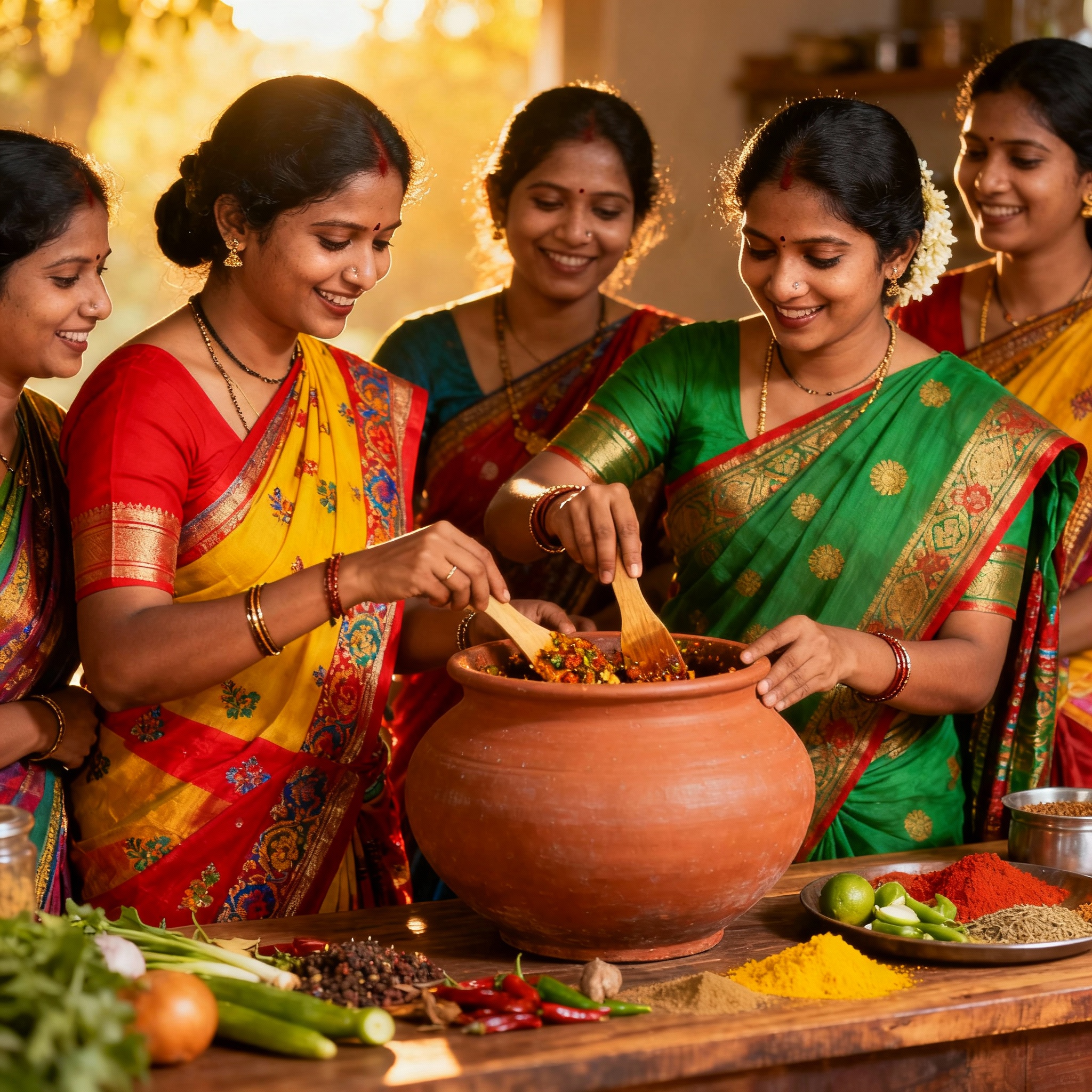 Family making home made pickles in Indian home kitchen